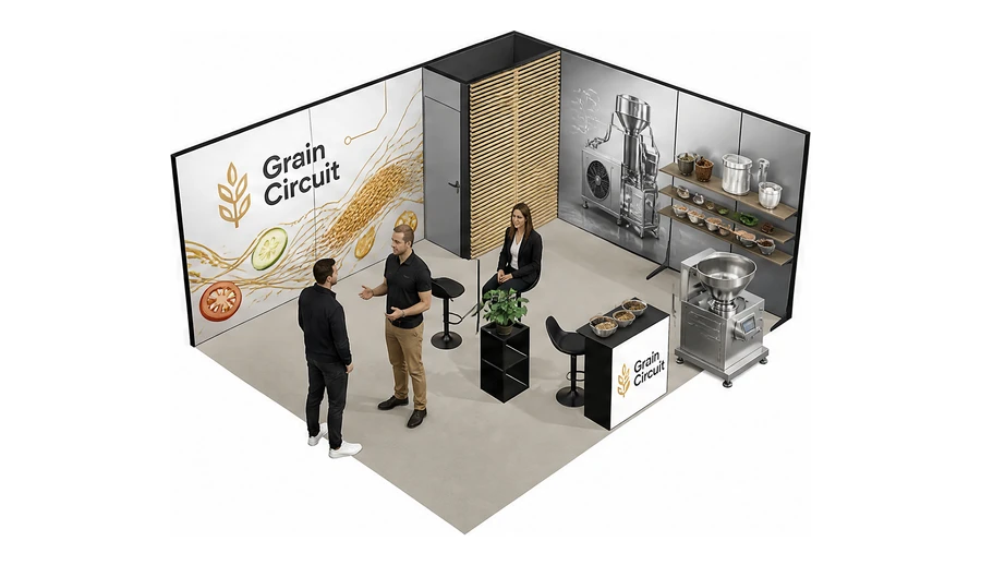 Stoisko 6 × 5 m narożne prawe dla branży technologie spożywcze, przykładowa marka Grain Circuit