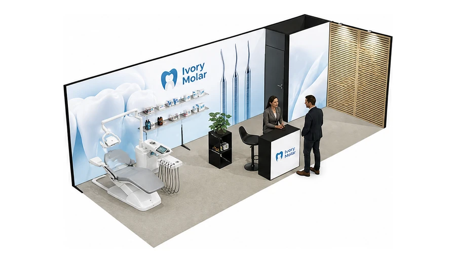 Stoisko 8 × 3 m narożne prawe dla branży stomatologia, przykładowa marka Ivory Molar