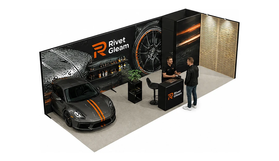 Stoisko 8 × 3 m narożne prawe dla branży tuning i detailing, przykładowa marka Rivet Gleam