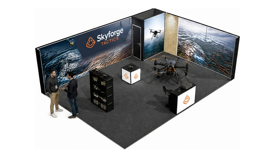 Stoisko 8 × 6 m narożne prawe dla branży drony i robotyka, przykładowa marka Skyforge Tactics