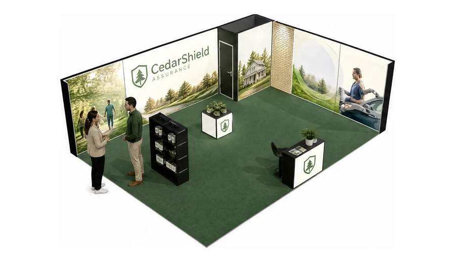 Stoisko 8 × 6 m narożne prawe dla branży ubezpieczenia, przykładowa marka CedarShield Assurance