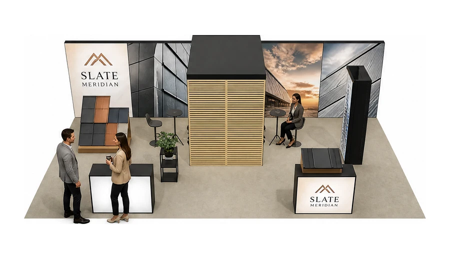 Stoisko 10 × 5 m półwyspowe dla branży dachy i elewacje, przykładowa marka Slate Meridian