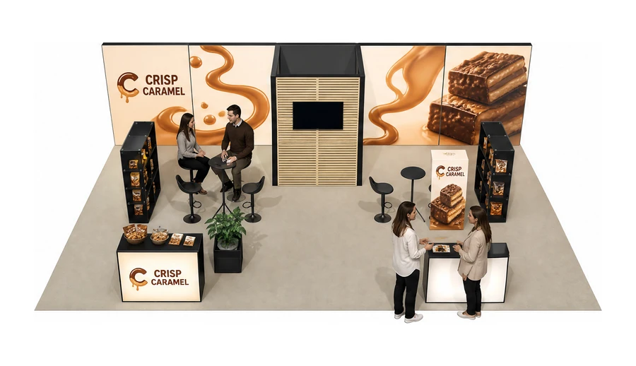 Stoisko 10 × 6 m półwyspowe dla branży słodycze i przekąski, przykładowa marka Crisp Caramel