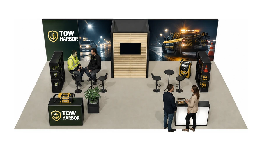 Stoisko 10 × 6 m półwyspowe dla branży pomoc drogowa i lawety, przykładowa marka Tow Harbor