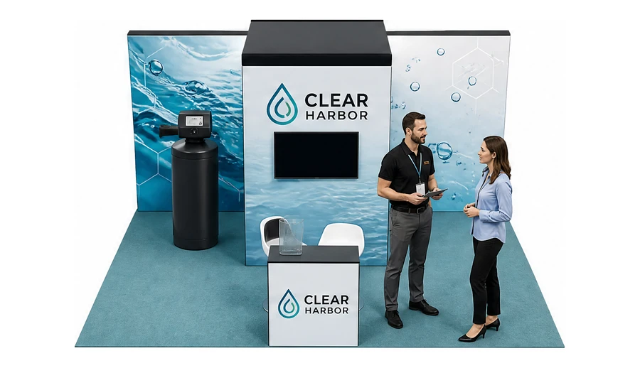 Stoisko 6 × 4 m półwyspowe dla branży technologie wodne, przykładowa marka Clear Harbor
