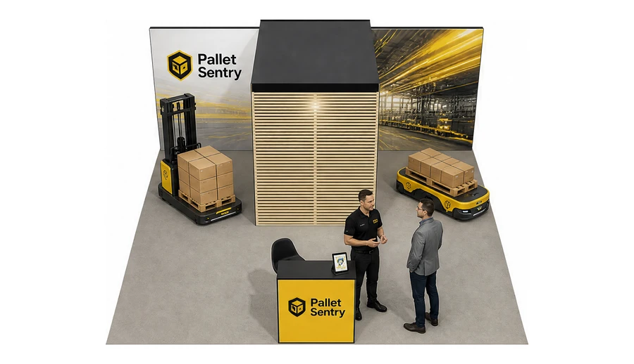 Stoisko 6 × 6 m półwyspowe dla branży intralogistyka i magazyn, przykładowa marka Pallet Sentry
