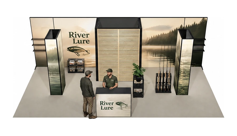 Stoisko 8 × 4 m półwyspowe dla branży wędkarstwo, przykładowa marka River Lure