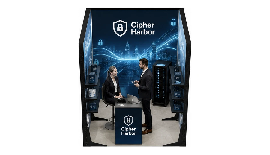 Stoisko 2 × 2 m szeregowe dla branży cyberbezpieczeństwo, przykładowa marka Cipher Harbor
