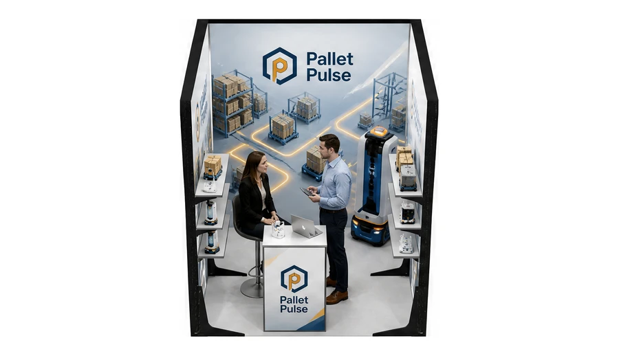 Stoisko 2 × 2 m szeregowe dla branży intralogistyka i magazyn, przykładowa marka Pallet Pulse