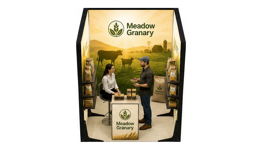 Stoisko 2 × 2 m szeregowe dla branży hodowla i pasze, przykładowa marka Meadow Granary
