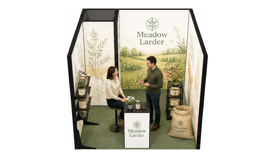 Stoisko 3 × 3 m szeregowe dla branży żywność ekologiczna, przykładowa marka Meadow Larder