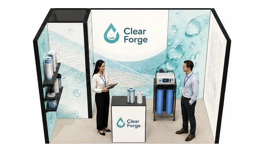Stoisko 4 × 2 m szeregowe dla branży technologie wodne, przykładowa marka Clear Forge