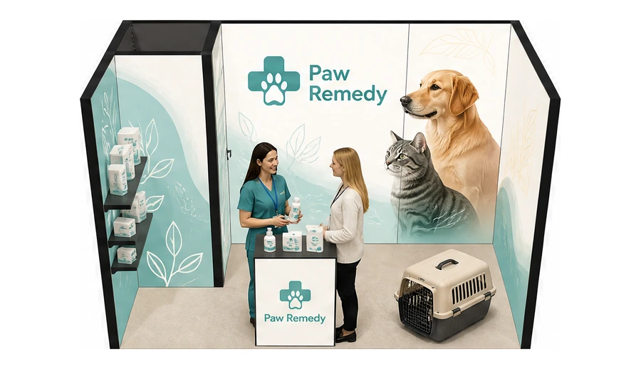 Stoisko 4 × 2 m szeregowe dla branży weterynaria, przykładowa marka Paw Remedy