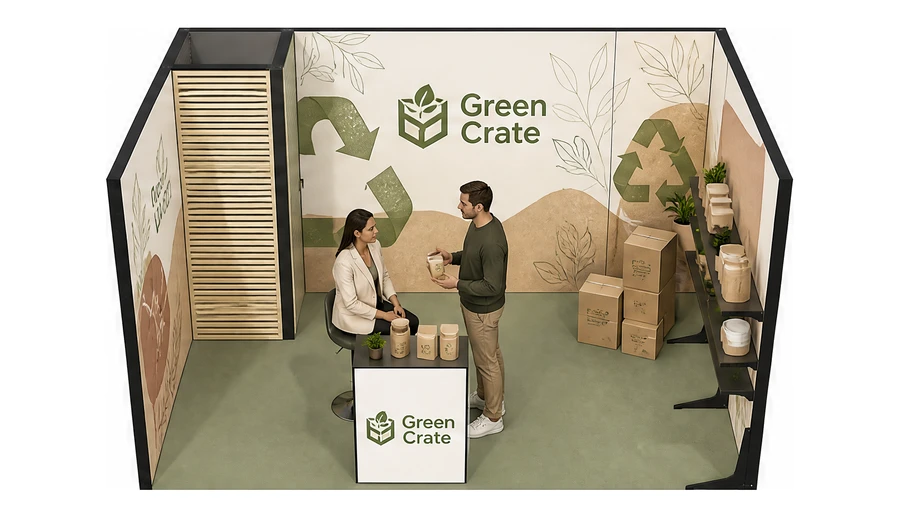 Stoisko 4 × 3 m szeregowe dla branży opakowania ekologiczne, przykładowa marka Green Crate