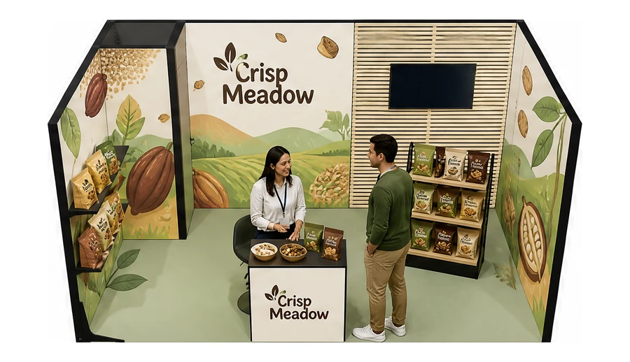 Stoisko 5 × 3 m szeregowe dla branży słodycze i przekąski, przykładowa marka Crisp Meadow