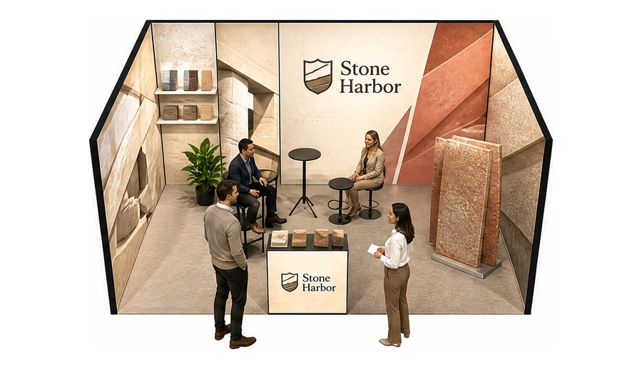 Stoisko 5 × 4 m szeregowe dla branży materiały budowlane, przykładowa marka Stone Harbor