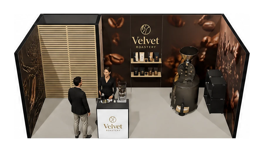 Stoisko 6 × 3 m szeregowe dla branży palarnia kawy, przykładowa marka Velvet Roastery