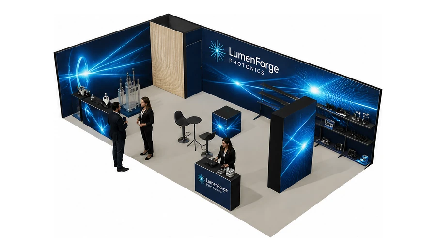 Stoisko 10 × 5 m narożne lewe dla branży technika laserowa i fotonika, przykładowa marka LumenForge Photonics