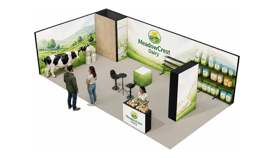 Stoisko 10 × 5 m narożne lewe dla branży nabiał i mleczarstwo, przykładowa marka MeadowCrest Dairy