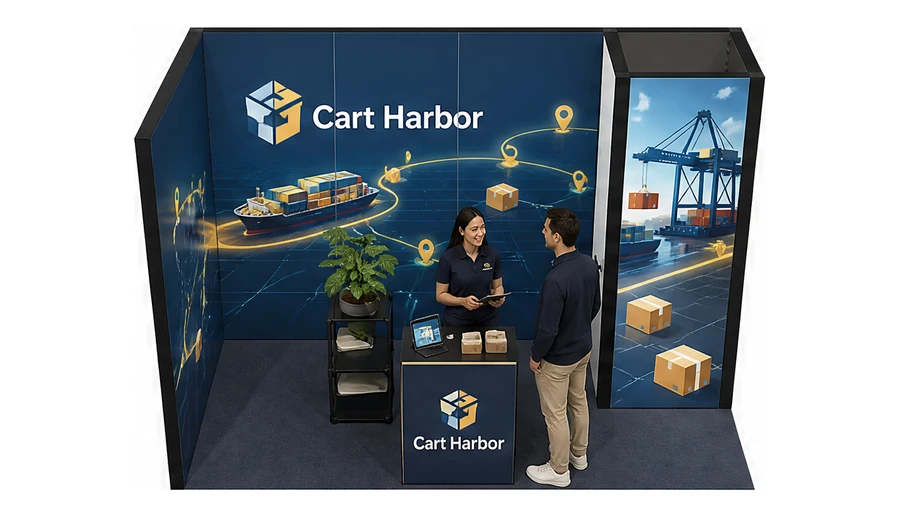 Stoisko 4 × 2 m narożne lewe dla branży e-commerce, przykładowa marka Cart Harbor
