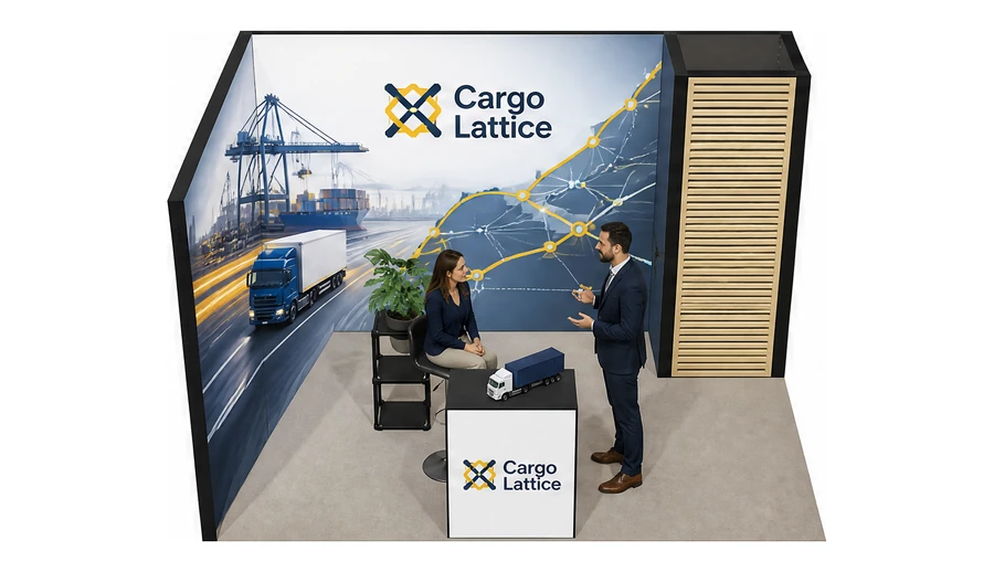Stoisko 4 × 3 m narożne lewe dla branży logistyka i spedycja, przykładowa marka Cargo Lattice