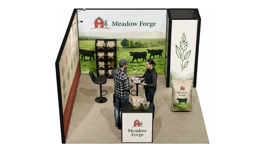 Stoisko 4 × 4 m narożne lewe dla branży hodowla i pasze, przykładowa marka Meadow Forge