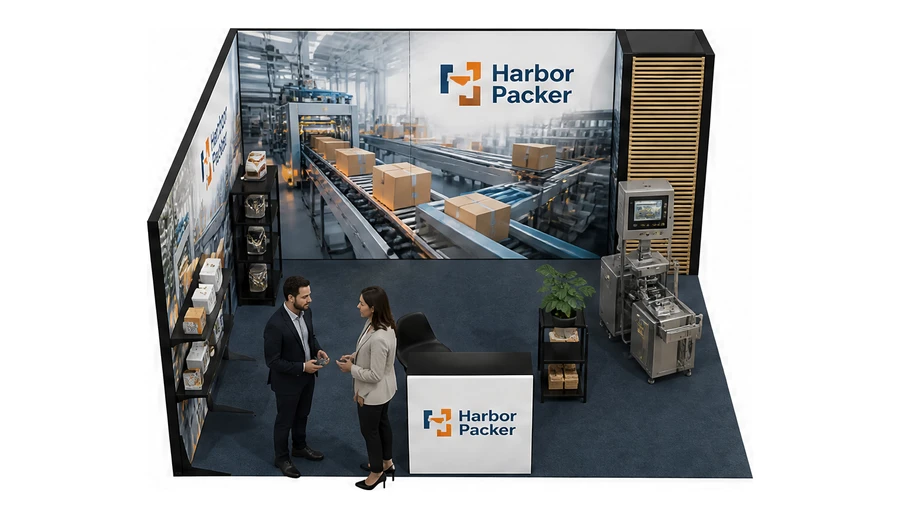 Stoisko 5 × 5 m narożne lewe dla branży maszyny pakujące, przykładowa marka Harbor Packer