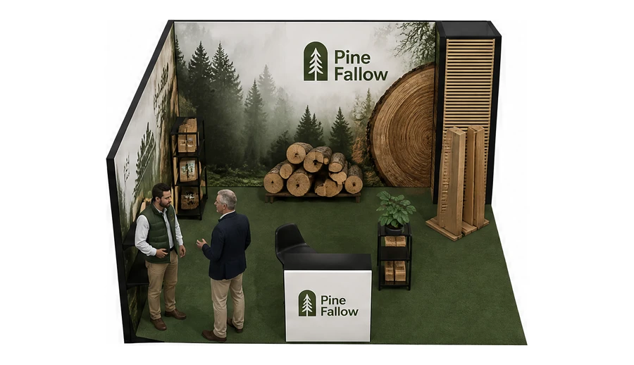 Stoisko 5 × 5 m narożne lewe dla branży leśnictwo i przemysł drzewny, przykładowa marka Pine Fallow