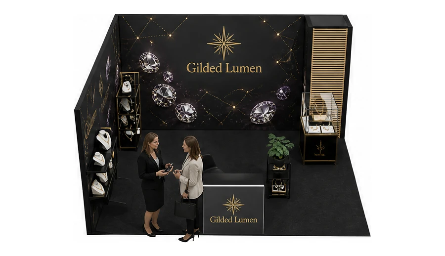 Stoisko 5 × 5 m narożne lewe dla branży biżuteria, przykładowa marka Gilded Lumen