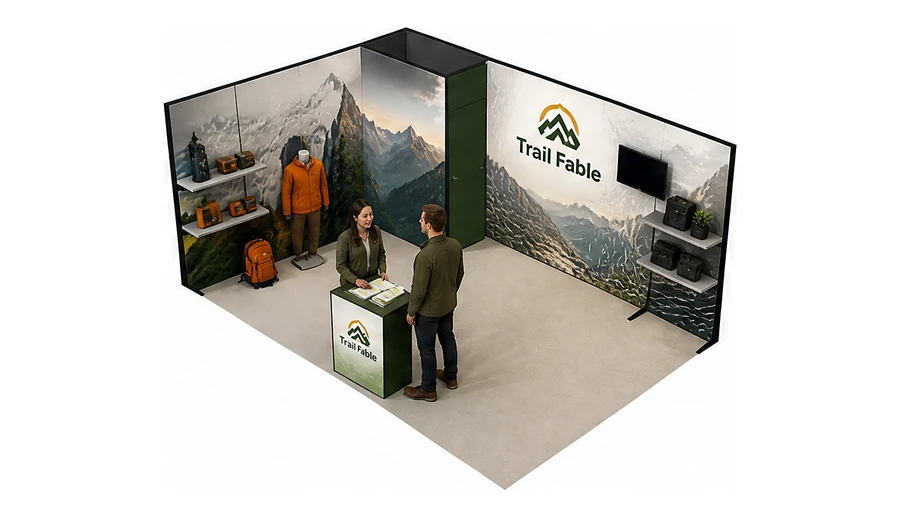 Stoisko 6 × 4 m narożne lewe dla branży odzież i sprzęt outdoorowy, przykładowa marka Trail Fable