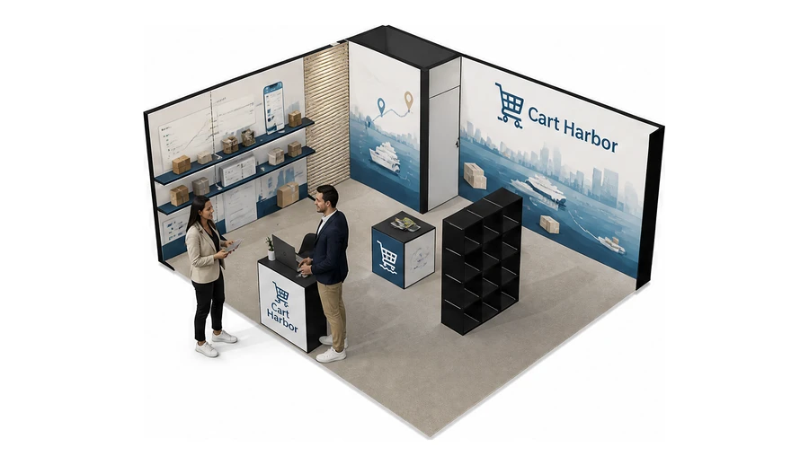 Stoisko 6 × 5 m narożne lewe dla branży e-commerce, przykładowa marka Cart Harbor