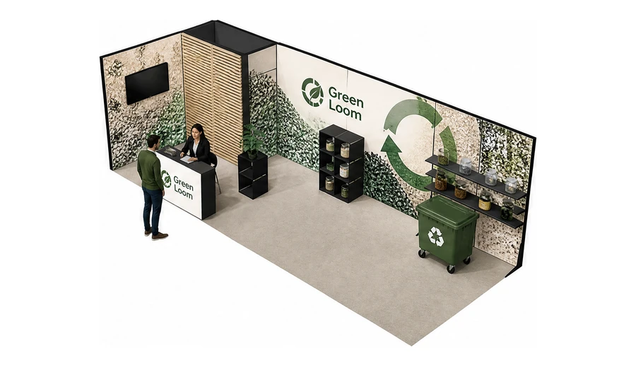 Stoisko 8 × 3 m narożne lewe dla branży recykling i ochrona środowiska, przykładowa marka Green Loom