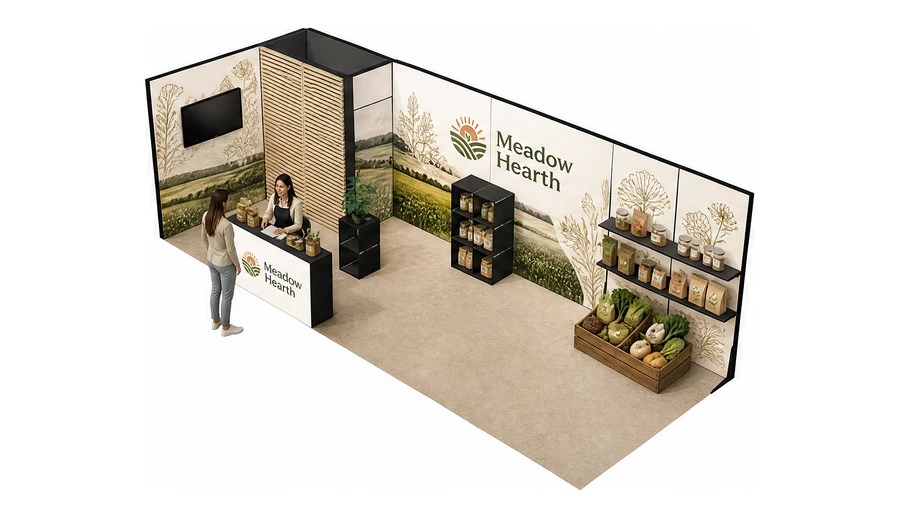Stoisko 8 × 3 m narożne lewe dla branży żywność ekologiczna, przykładowa marka Meadow Hearth