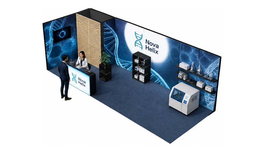 Stoisko 8 × 3 m narożne lewe dla branży farmacja i biotechnologia, przykładowa marka Nova Helix