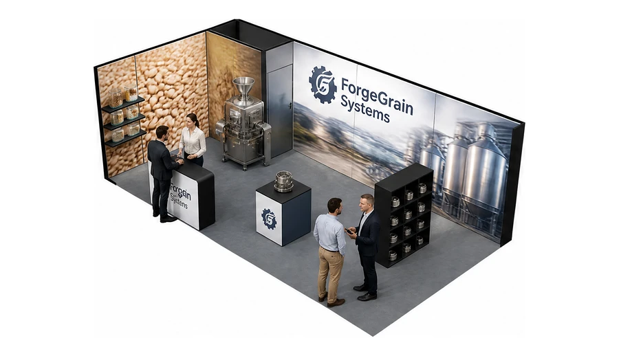 Stoisko 8 × 4 m narożne lewe dla branży technologie spożywcze, przykładowa marka ForgeGrain Systems