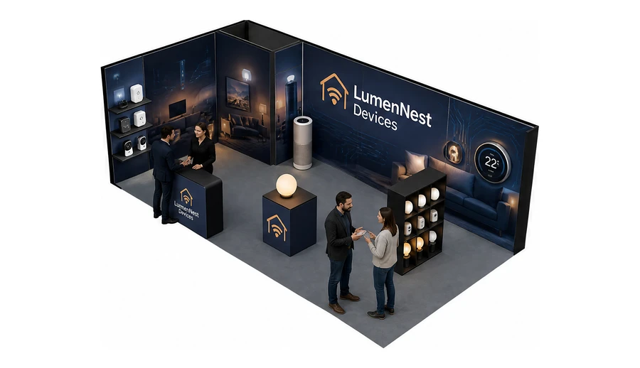 Stoisko 8 × 4 m narożne lewe dla branży smart home i IoT, przykładowa marka LumenNest Devices