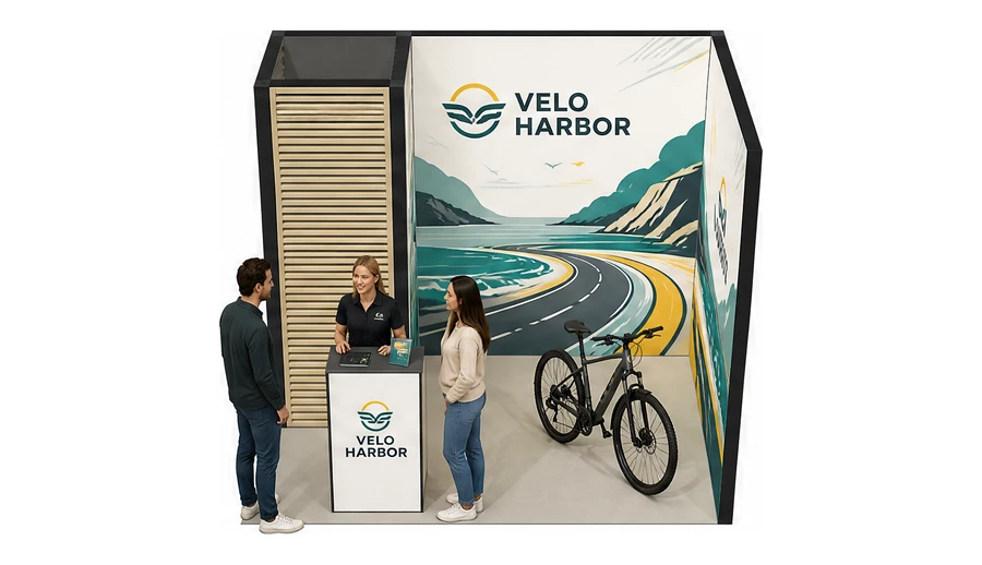 Stoisko 3 × 2 m narożne prawe dla branży rowery elektryczne, przykładowa marka Velo Harbor