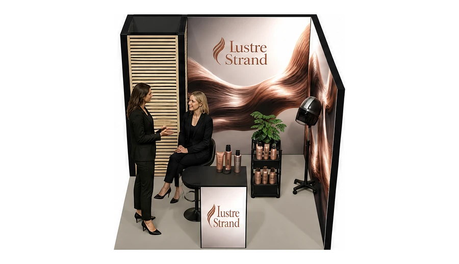 Stoisko 3 × 3 m narożne prawe dla branży fryzjerstwo i salony beauty, przykładowa marka Lustre Strand