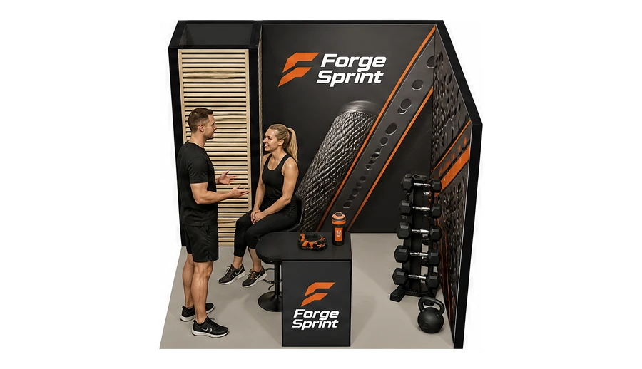 Stoisko 3 × 3 m narożne prawe dla branży fitness i siłownie, przykładowa marka Forge Sprint