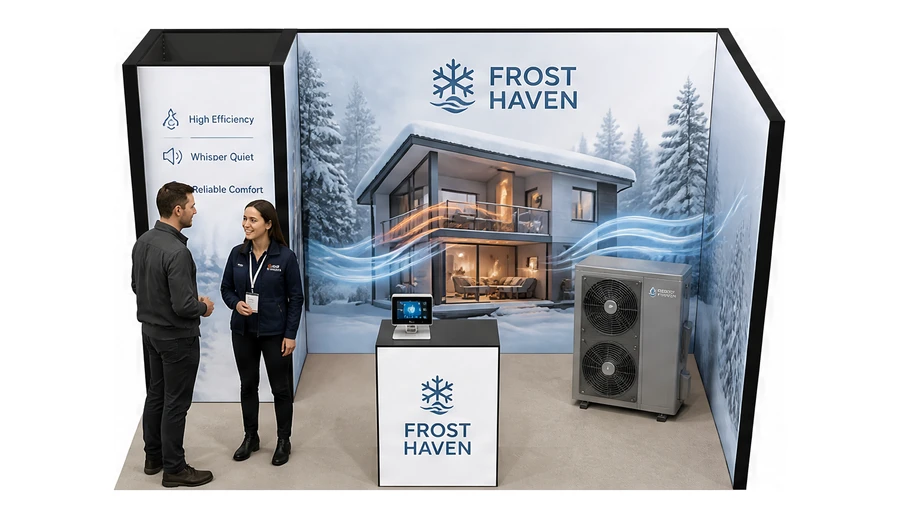 Stoisko 4 × 2 m narożne prawe dla branży pompy ciepła i ogrzewanie, przykładowa marka Frost Haven