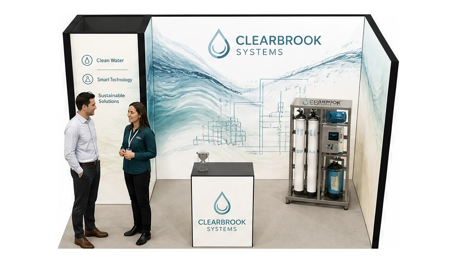 Stoisko 4 × 2 m narożne prawe dla branży technologie wodne, przykładowa marka Clearbrook Systems