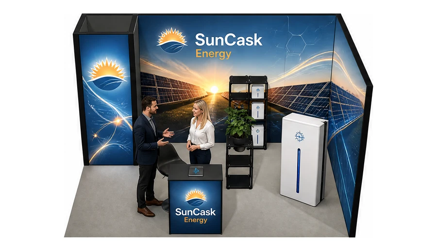 Stoisko 4 × 3 m narożne prawe dla branży fotowoltaika, przykładowa marka SunCask Energy