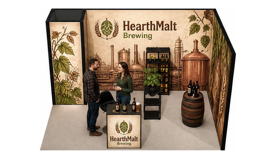 Stoisko 4 × 3 m narożne prawe dla branży browar rzemieślniczy, przykładowa marka HearthMalt Brewing