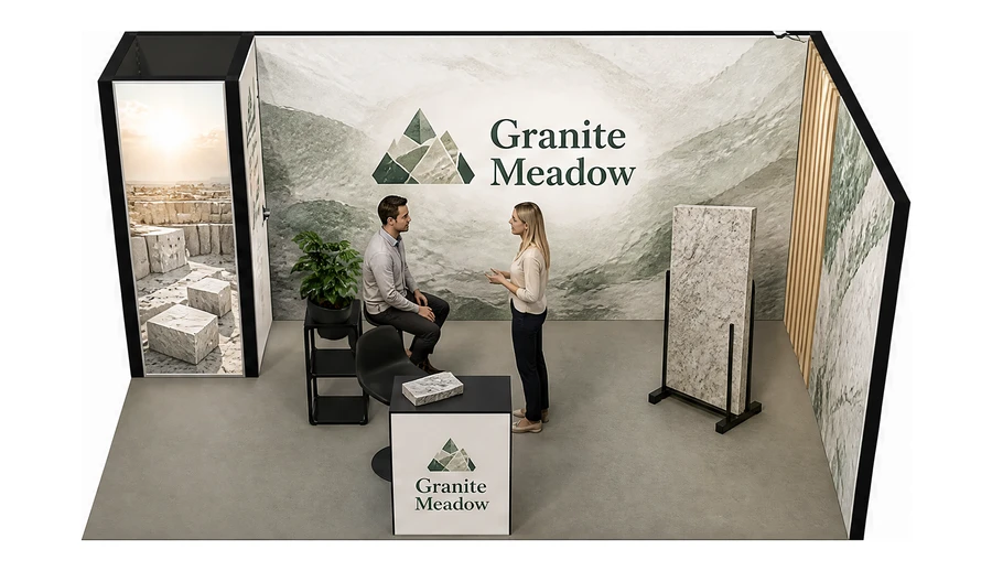 Stoisko 5 × 3 m narożne prawe dla branży kamień i kamieniarstwo, przykładowa marka Granite Meadow
