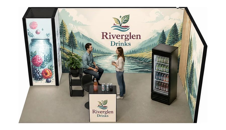 Stoisko 5 × 3 m narożne prawe dla branży napoje, przykładowa marka Riverglen Drinks