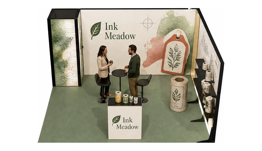 Stoisko 5 × 4 m narożne prawe dla branży etykiety i poligrafia, przykładowa marka Ink Meadow