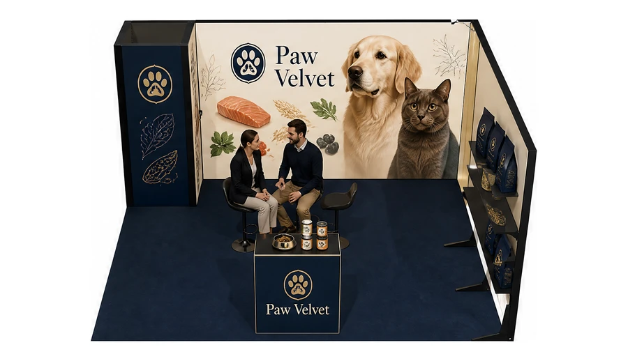 Stoisko 5 × 4 m narożne prawe dla branży karma dla zwierząt, przykładowa marka Paw Velvet