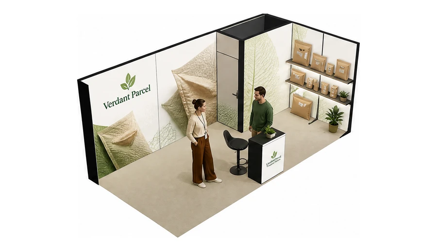 Stoisko 6 × 3 m narożne prawe dla branży opakowania ekologiczne, przykładowa marka Verdant Parcel