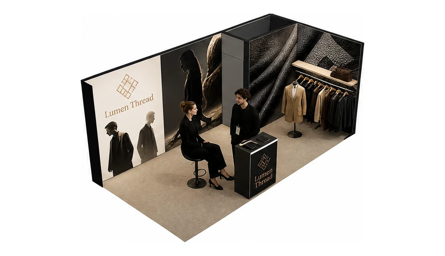 Stoisko 6 × 3 m narożne prawe dla branży odzież i moda, przykładowa marka Lumen Thread