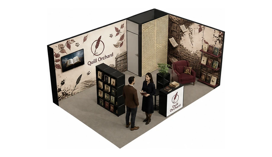 Stoisko 6 × 4 m narożne prawe dla branży wydawnictwa, przykładowa marka Quill Orchard